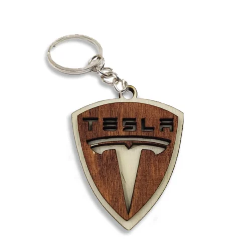 Breloc din lemn 3D, woodmag, 56x44mm, cu logo-ul TESLA