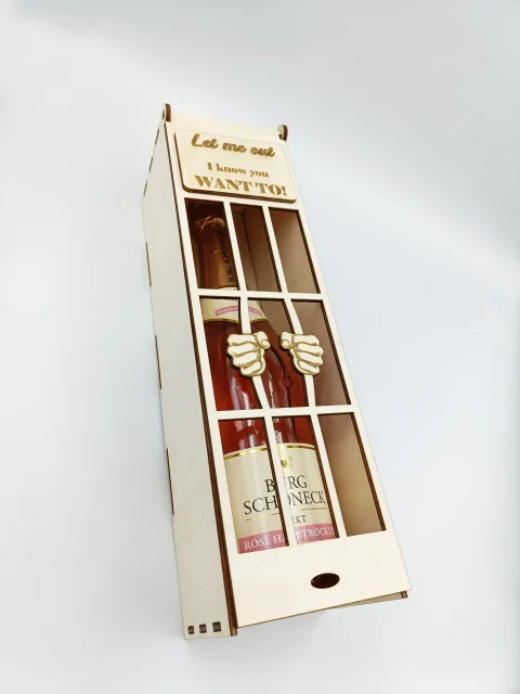 Cutie sticla de vin cu mesaj personalizat fereastra, lemn natur, 9.6 x 9.6 x 36 cm