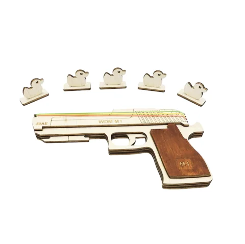Pistol din lemn cu elastice, woodmag, lemn finisat, colorat maro cu 5 tinte Rate