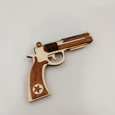 Pistol din lemn cu elastice, woodmag, lemn finisat, colorat maro