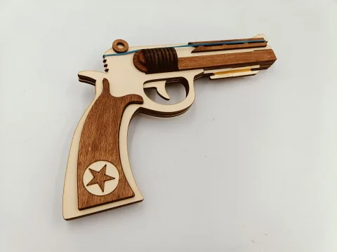 Pistol din lemn cu elastice, woodmag, lemn finisat, colorat maro