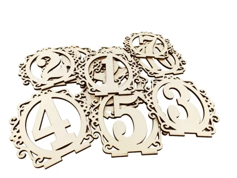 Set Ornament pentru masa, nunta, botez, numere de la 1 la 10 dimensiune 14,5x12,5 cm, material lemn, TB-02W