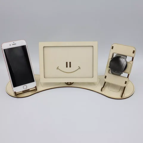 Suport universal de birou pentru telefon si ceas cu rama foto, WoodMag SP22-SET, din lemn