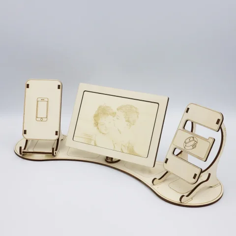 Suport universal de birou pentru telefon si ceas cu rama foto, WoodMag SP22-SET, din lemn