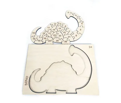 Puzzle Dino din lemn cu numere Diplodocus, Woodmag, + 3 ani, 27 piese