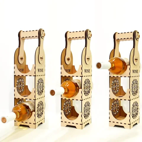 Cutie sticla de vin woodmag v1.9, capac, rack 3 sticle, lemn natur, 9.6 x 9.6 x 36 cm