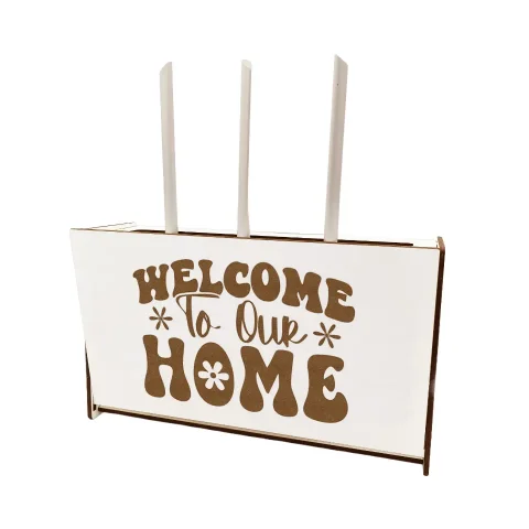 Raft Suport Router Wireless, 34x20x9 cm, pentru mascare fire si echipament WI-FI, posibilitate montare pe perete, Alb cu mesaj welcome to our home v2