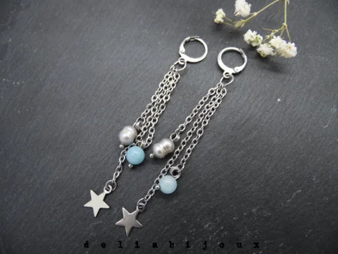 Cercei handmade unicat - acvamarin si perle (cod1146)