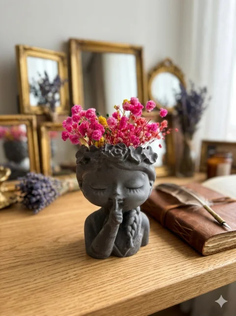 Ghiveci Decorativ Bust "Liniste Florala" cu Aranjament de Flori Uscate – Handmade Grey Art