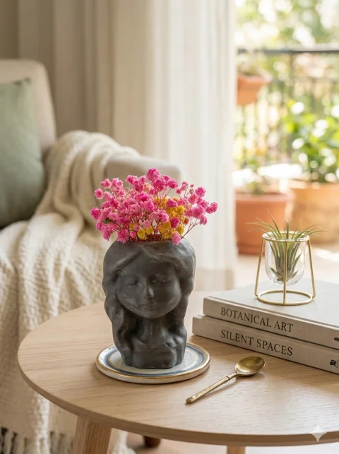 Ghiveci Decorativ Bust cu Aranjament de Flori Uscate – Handmade Grey Art