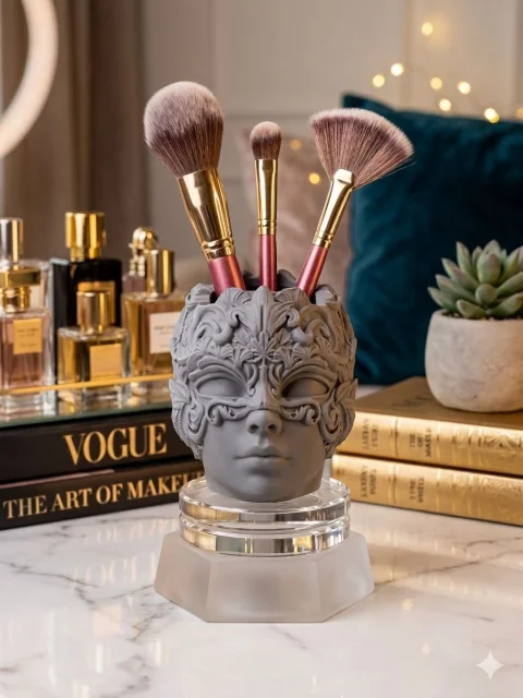 Suport Pensule Machiaj Sculptat "Masca Venetiana" - Grey Velvet Edition