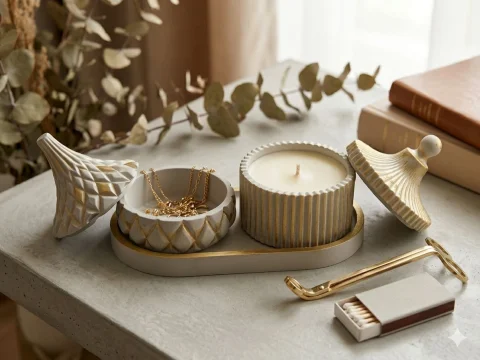 Set Decorativ Premium "Golden Glow" – Lumanare Parfumata, Caseta Bijuterii si Tavita Ovala