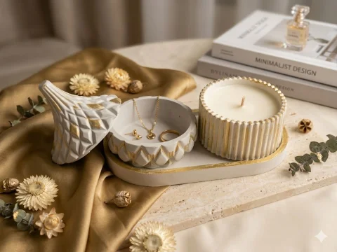 Set Decorativ Premium "Golden Glow" – Lumanare Parfumata, Caseta Bijuterii si Tavita Ovala