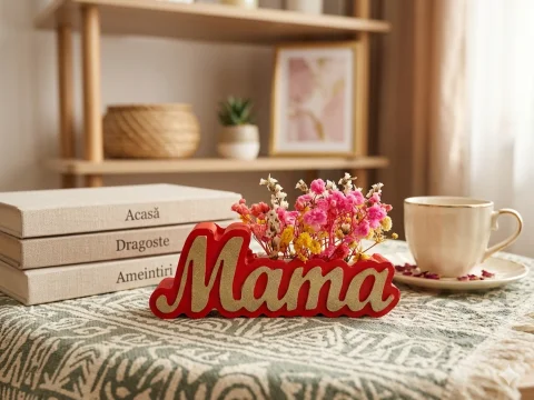 Decoratiune Personlizata "Mama" cu Aranjament de Flori Uscate – Red & Gold Edition