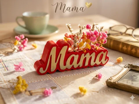 Decoratiune Personlizata "Mama" cu Aranjament de Flori Uscate – Red & Gold Edition