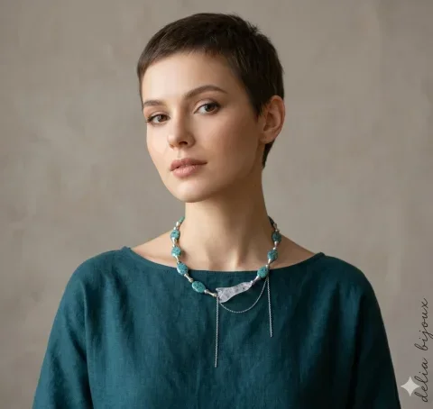 Colier Statement Blue Harmony Jasp Albastru și Cristal de Stâncă Asimetric