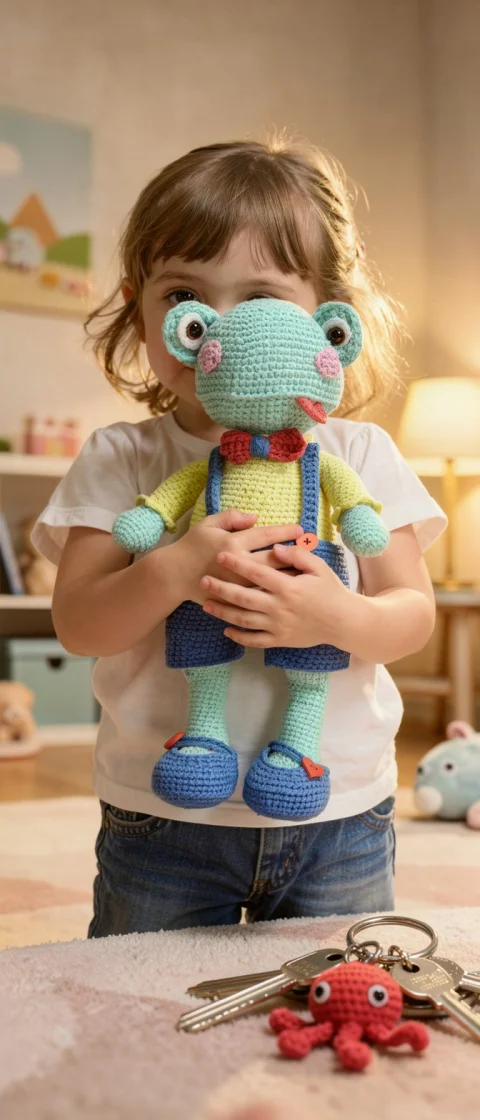 Broscuța Pistachio – broscuță croșetată handmade, 35 cm, jucărie pentru copii 3+