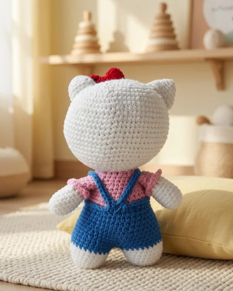 Pisicuța Cleo – pisicuță croșetată veselă și cochetă, 17 cm