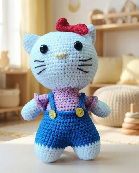 Pisicuța Cleo – pisicuță croșetată veselă și cochetă, 17 cm