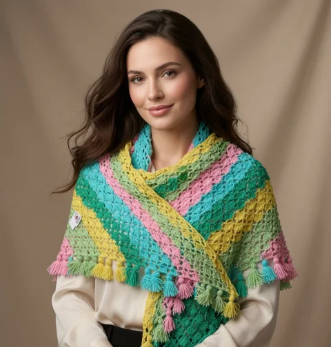 Șal croșetat pastel multicolor din acril