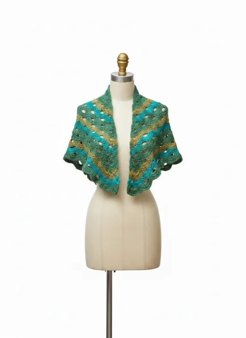 Șal croșetat verde‑turcoaz, model wave