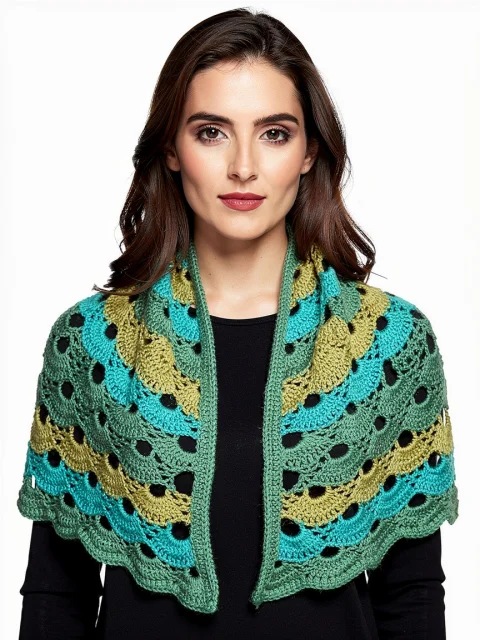 Șal croșetat verde‑turcoaz, model wave