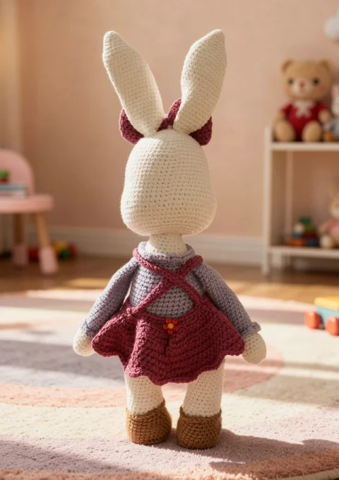 Iepurașul Nori – iepuraș croșetat handmade cu fustiță, 40 cm, pentru copii 3+