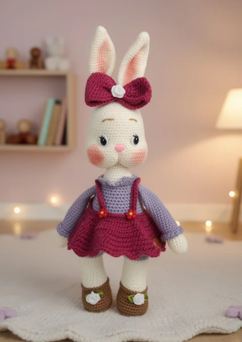 Iepurașul Nori – iepuraș croșetat handmade cu fustiță, 40 cm, pentru copii 3+