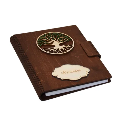 Agenda A5 din lemn Personalizata, Verde inchis, Piksel, Pomul Vietii, 100 pagini si pix din lemn inclus