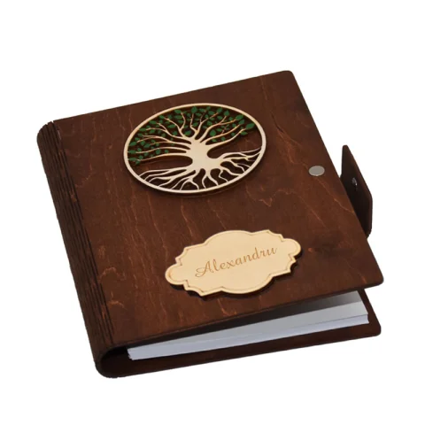 Agenda A5 din lemn Personalizata, Verde inchis, Piksel, Pomul Vietii, 100 pagini si pix din lemn inclus