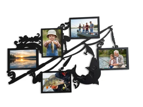 Ramă Foto Multiplă din Lemn – Tematică Pescuit (5 Fotografii), 68x40 cm