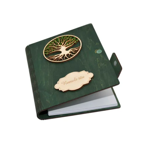 Agenda A5 din lemn Personalizata, Verde inchis, Piksel, Pomul Vietii, 100 pagini si pix din lemn inclus