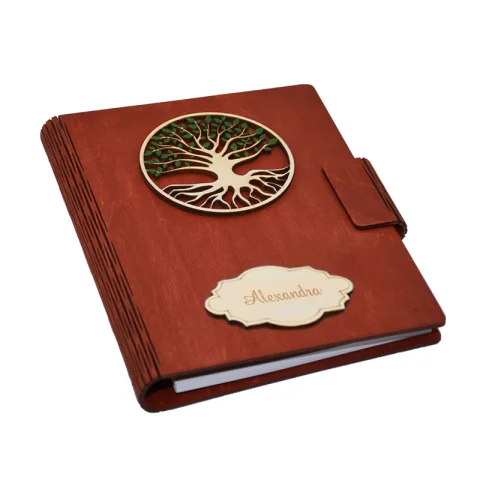 Agenda A5 din lemn Personalizata, Verde inchis, Piksel, Pomul Vietii, 100 pagini si pix din lemn inclus