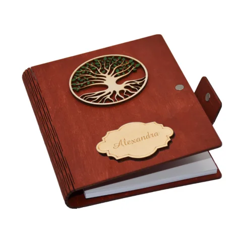 Agenda A5 din lemn Personalizata, Verde inchis, Piksel, Pomul Vietii, 100 pagini si pix din lemn inclus