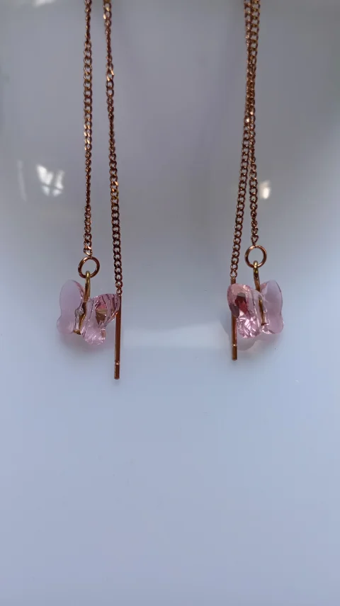 Cercei lant roze lungi 11 cm cu fluturas Swarovski